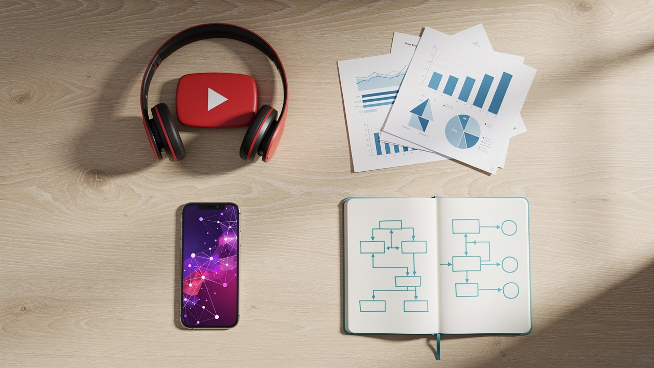 Overhead desk flatlay representing four AI search platform content types