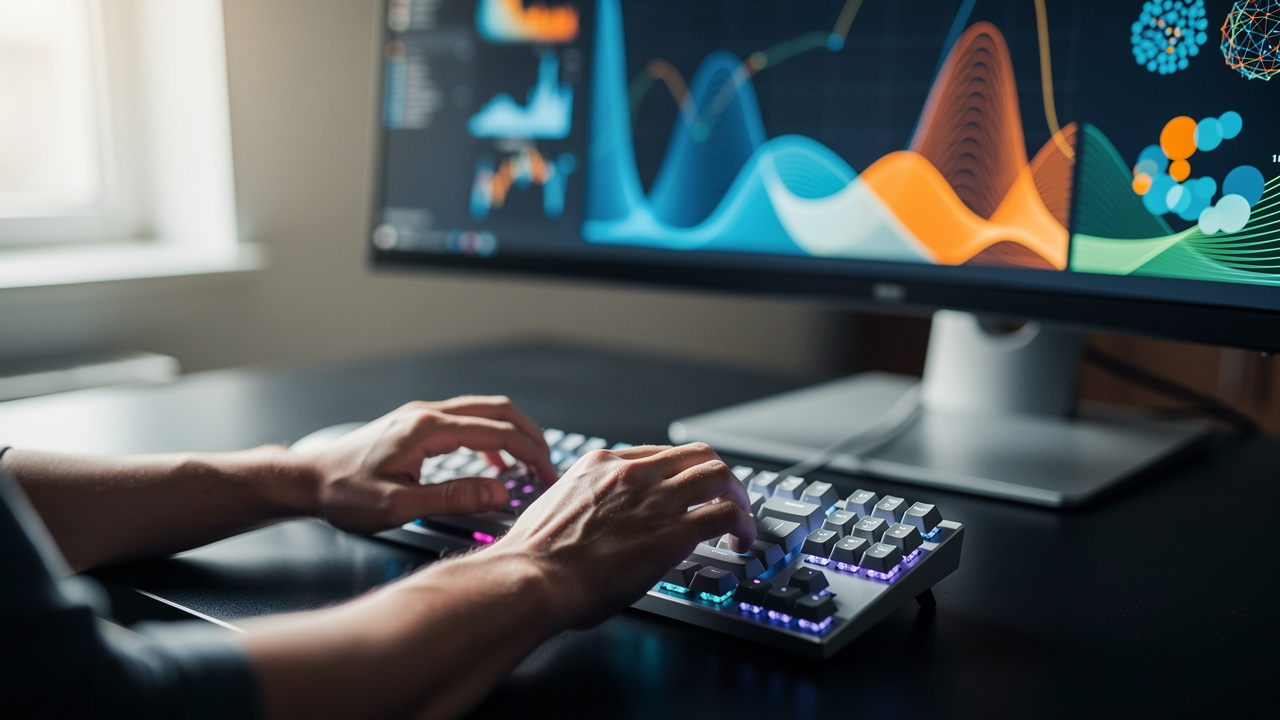 Person typing on keyboard with AI content analysis visualizations on screen