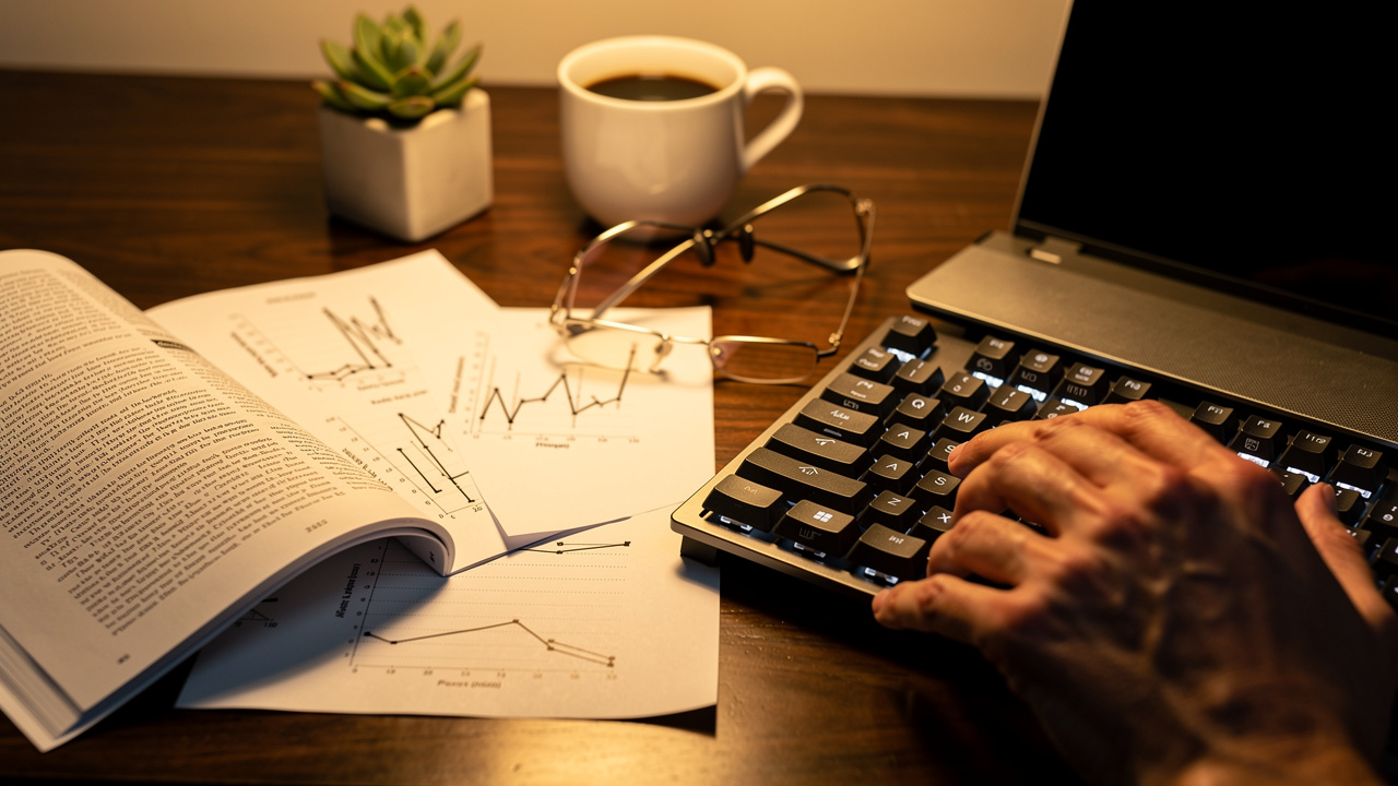 Researcher writing data-driven content at desk with academic sources
