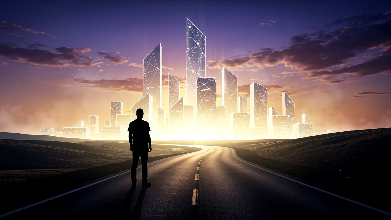 Silhouetted figure facing glowing digital city horizon at dawn