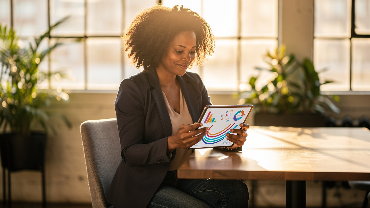 Small business owner reviewing AI search optimization strategy on tablet