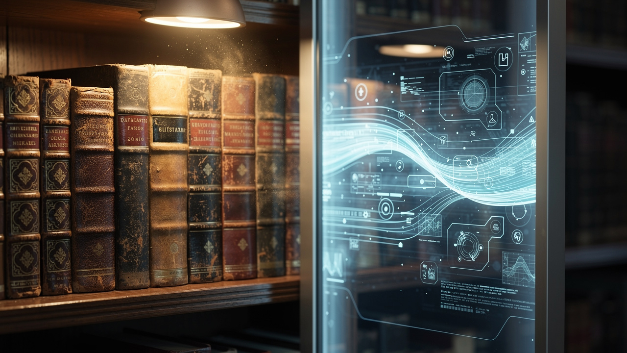 Traditional library books contrasted with glowing digital data streams
